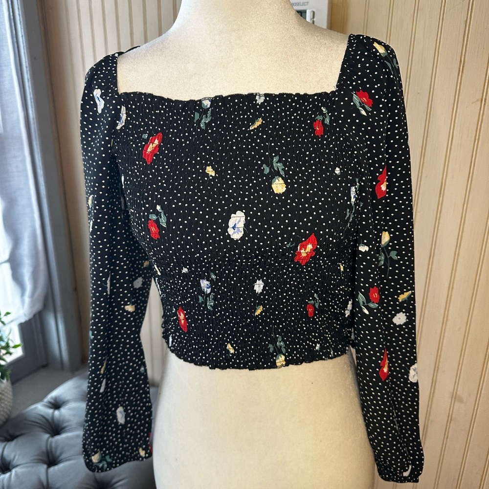Abercrombie & Fitch Floral Polka Dot Crop Top Size Small Black Long Sleeve